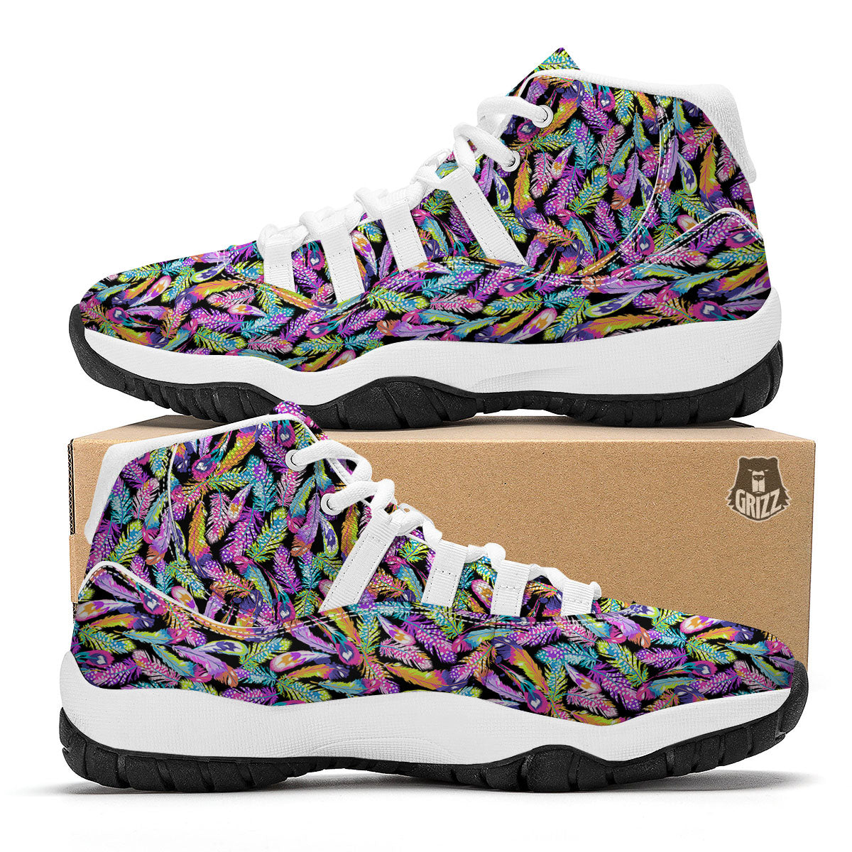 Feather Colorful Print Pattern White Bball Shoes-grizzshop