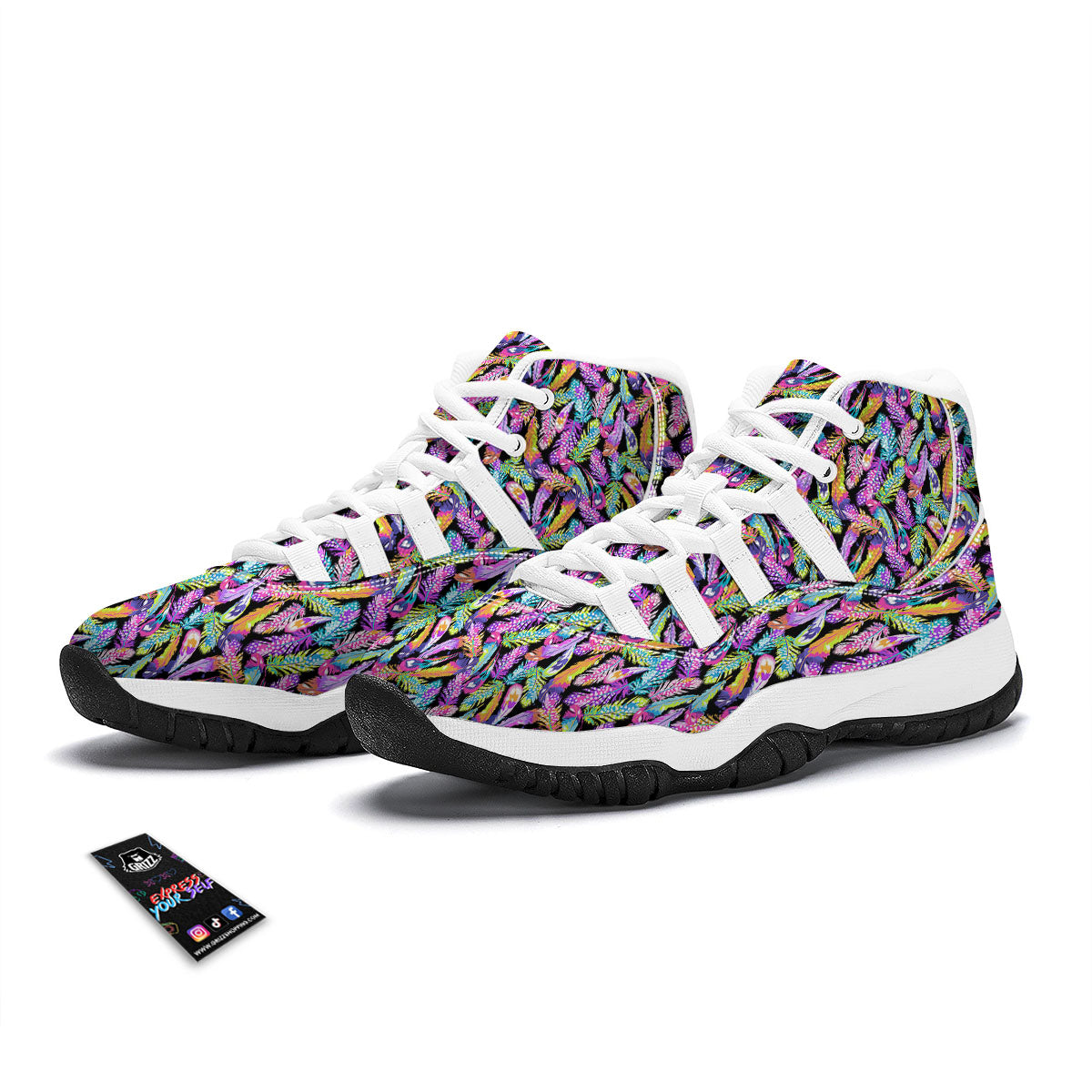 Feather Colorful Print Pattern White Bball Shoes-grizzshop