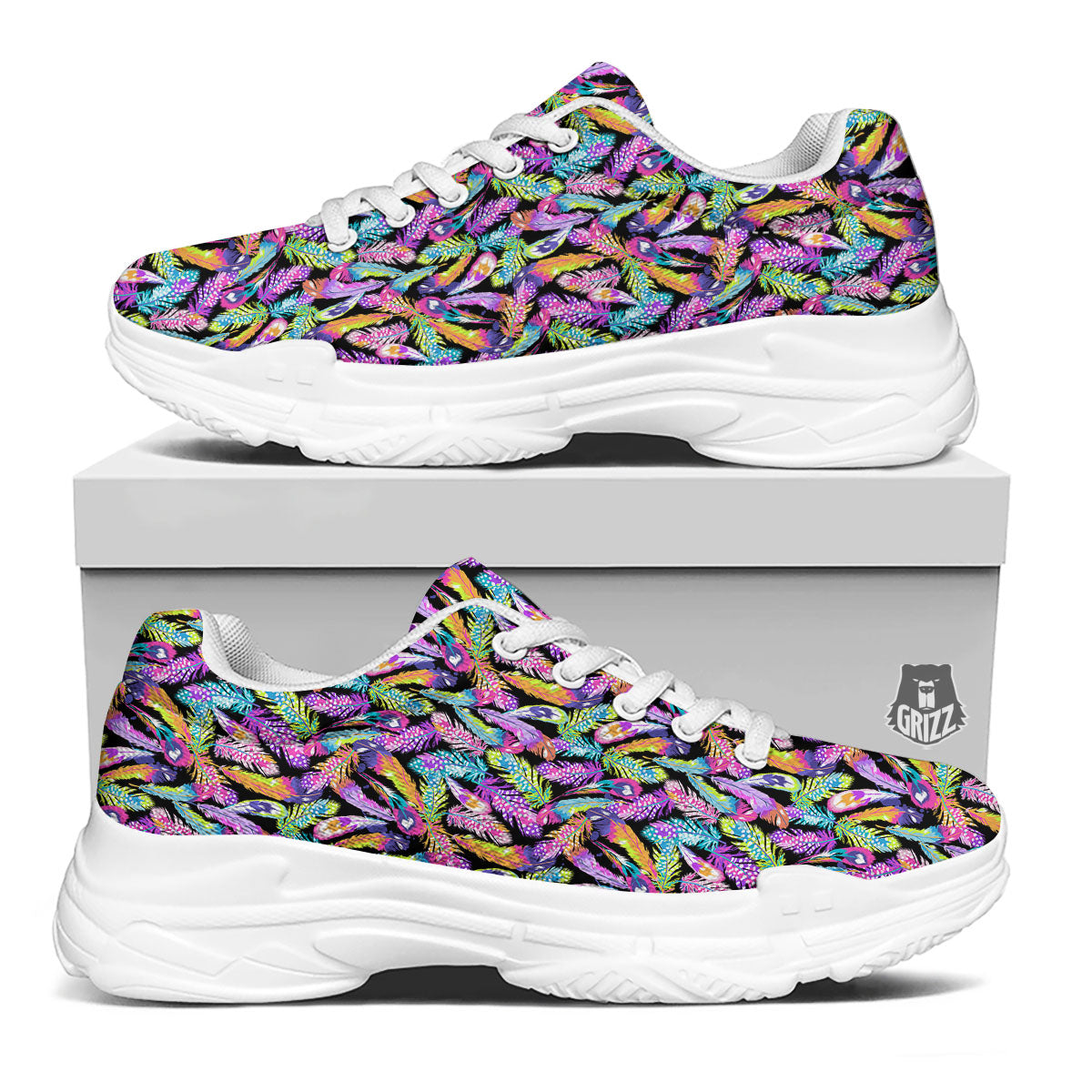 Feather Colorful Print Pattern White Chunky Shoes-grizzshop