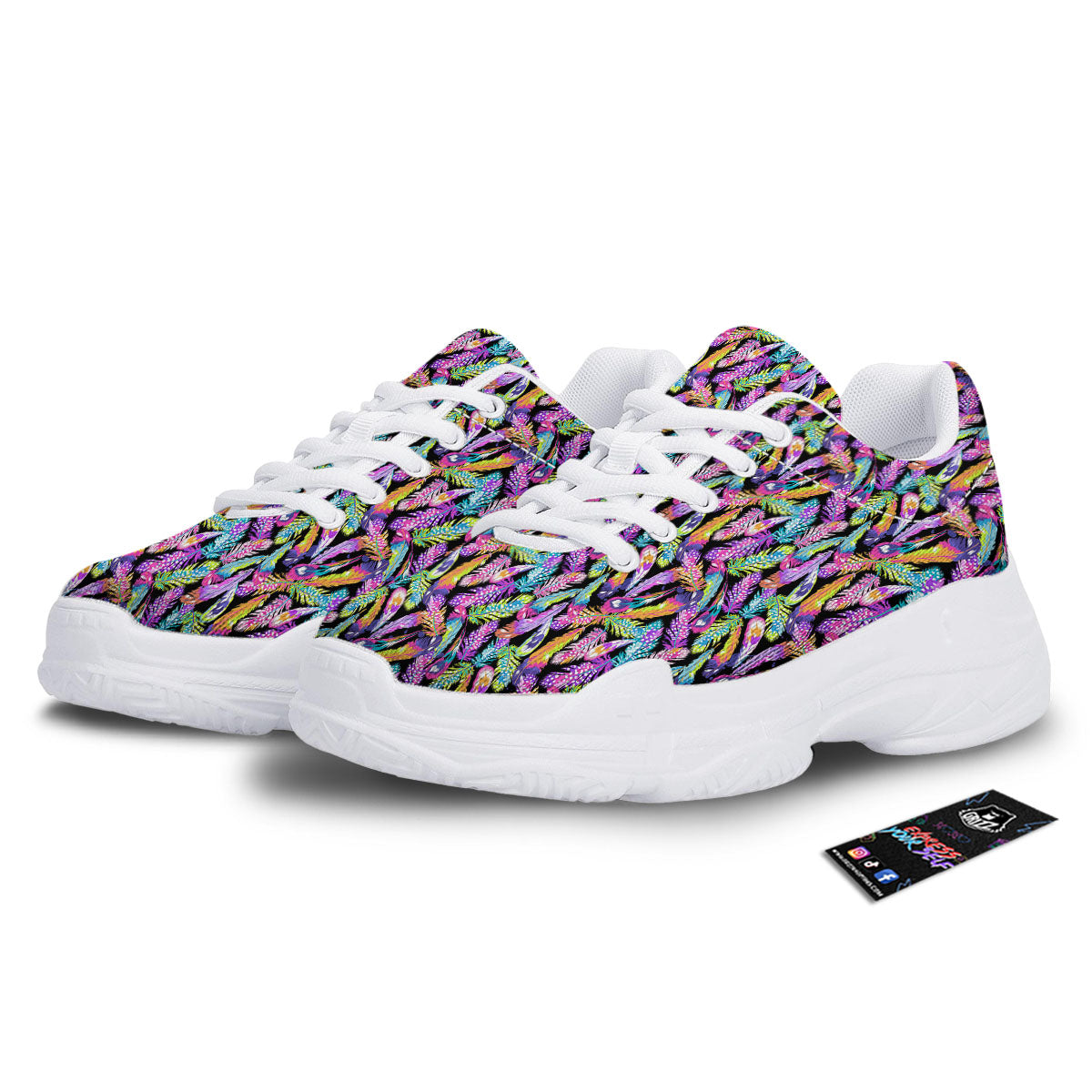 Feather Colorful Print Pattern White Chunky Shoes-grizzshop