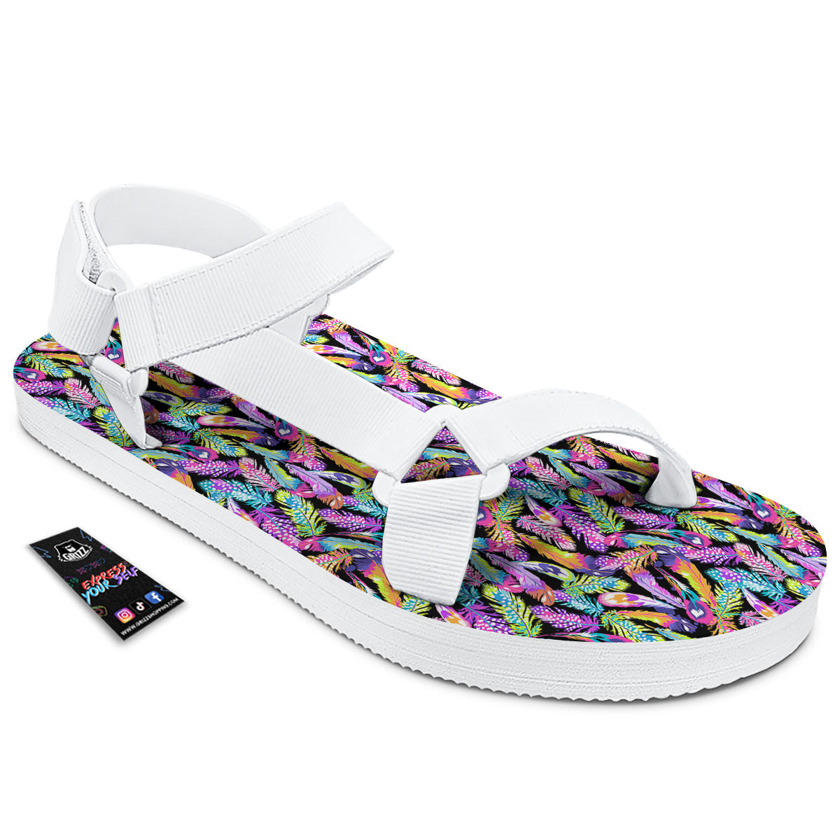 Feather Colorful Print Pattern White Open Toe Sandals-grizzshop