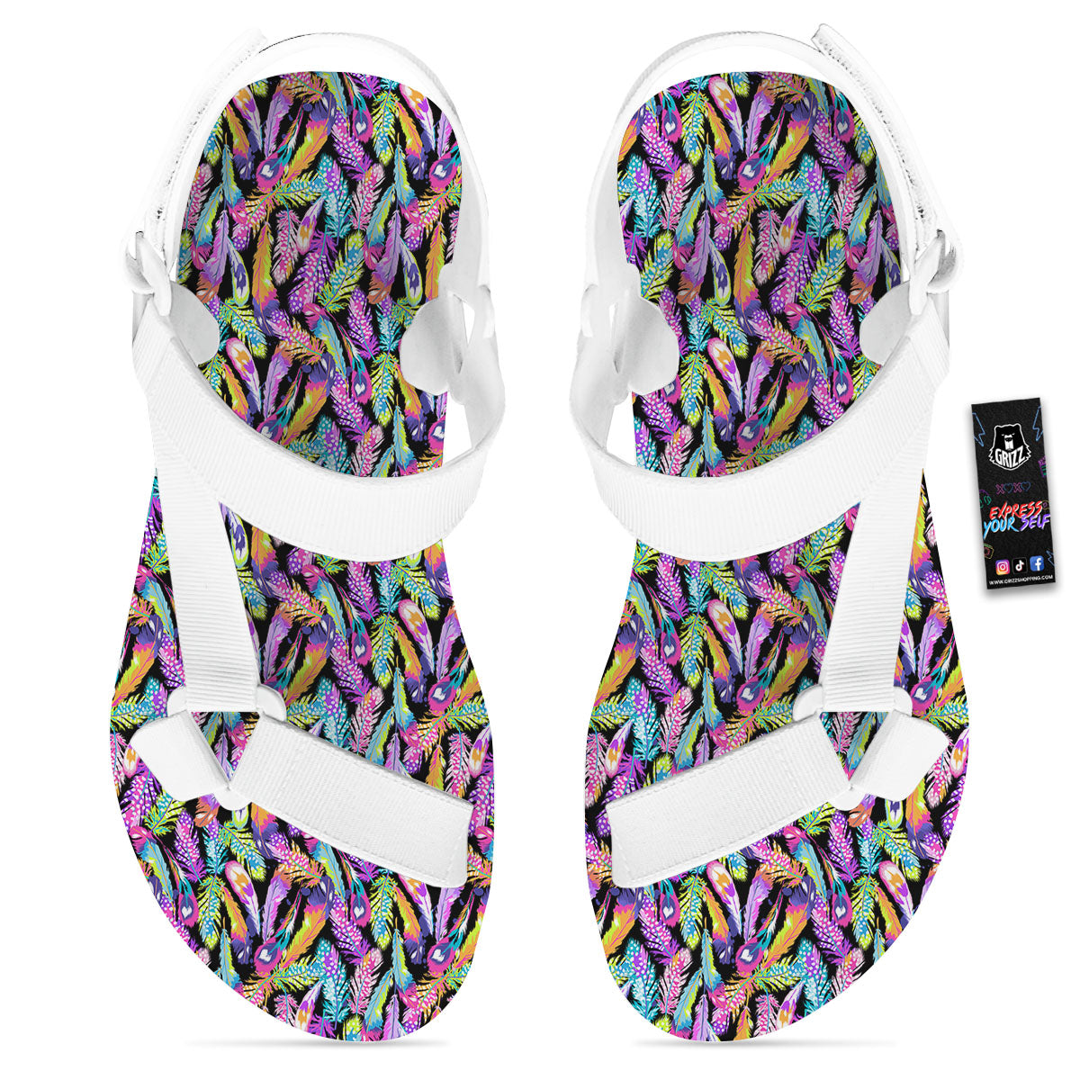 Feather Colorful Print Pattern White Open Toe Sandals-grizzshop