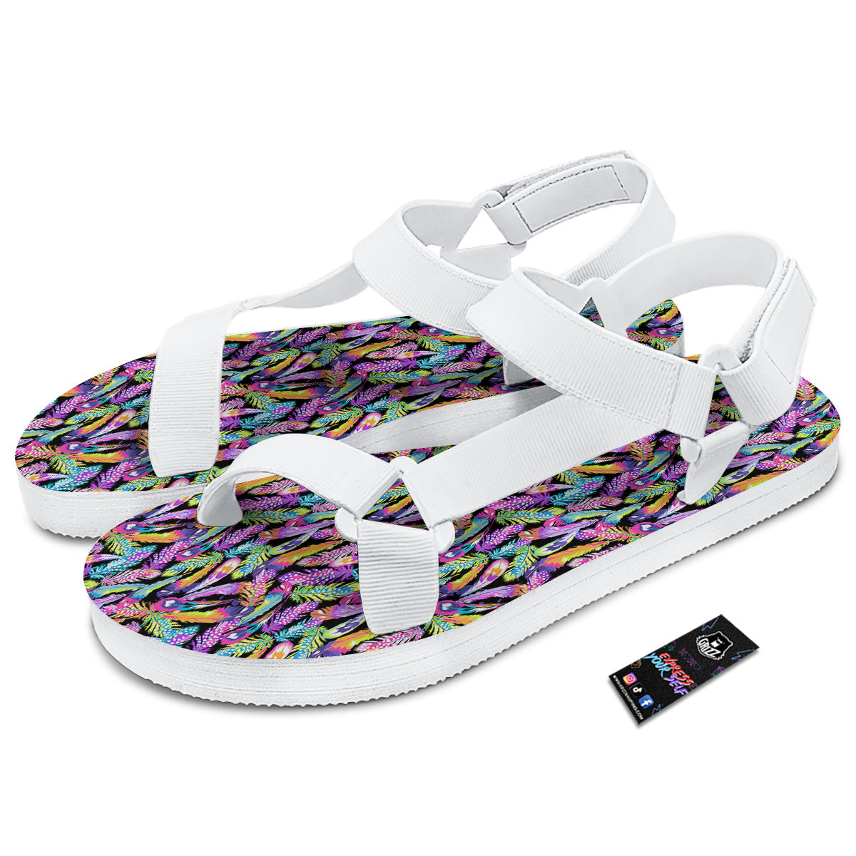 Feather Colorful Print Pattern White Open Toe Sandals-grizzshop