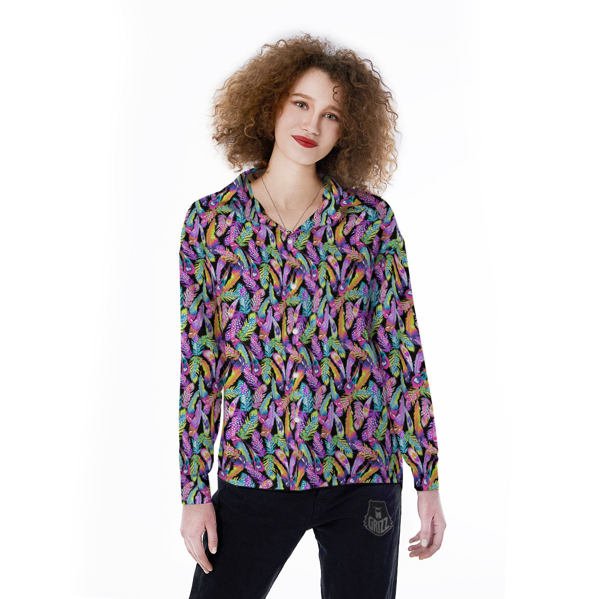 Feather Colorful Print Pattern Women's Long Sleeve Shirts-grizzshop