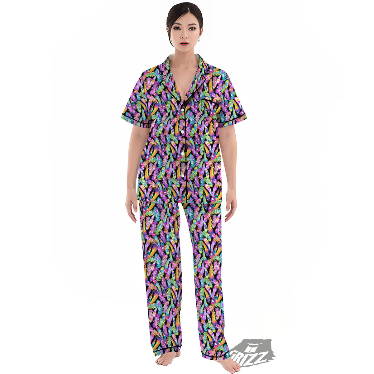 Feather Colorful Print Pattern Women's Pajamas Set-grizzshop