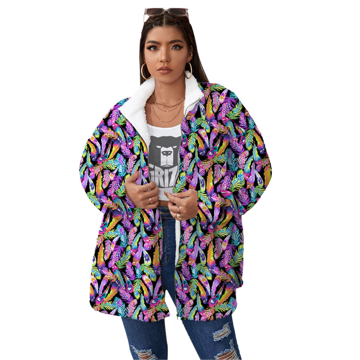 Feather Colorful Print Pattern Women's Sherpa Jacket-grizzshop