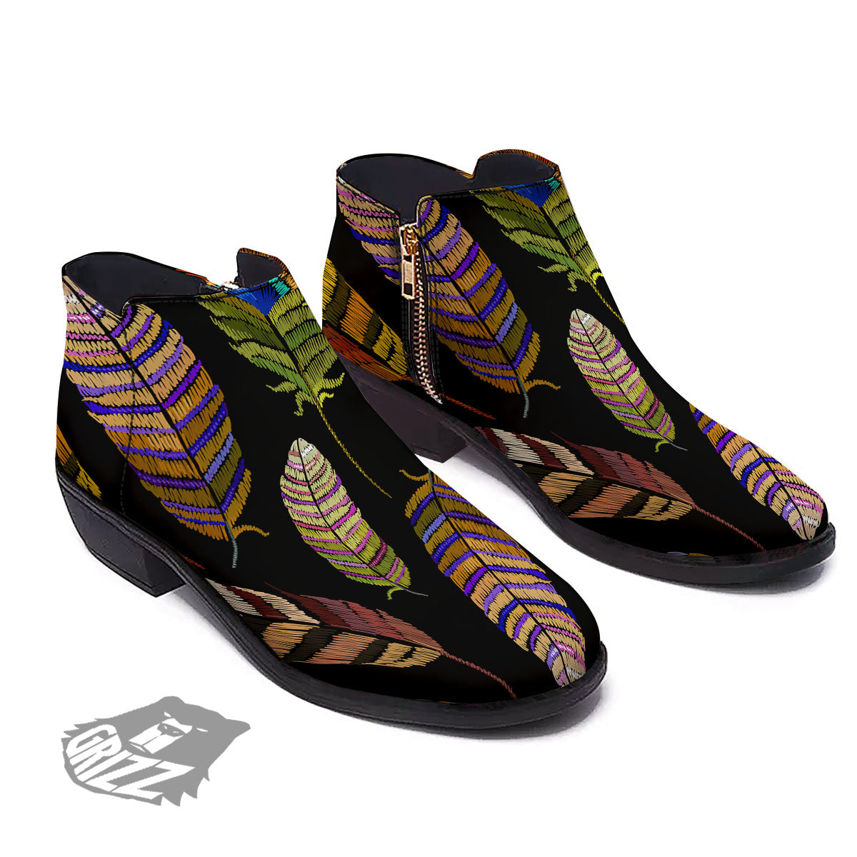 Feather Embroidery Peacock Print Ankle Boots-grizzshop