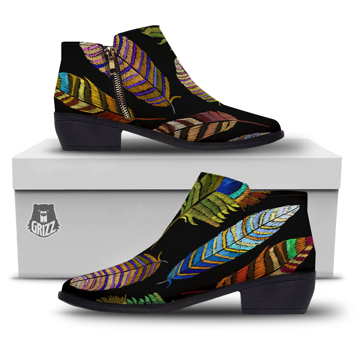 Feather Embroidery Peacock Print Ankle Boots-grizzshop