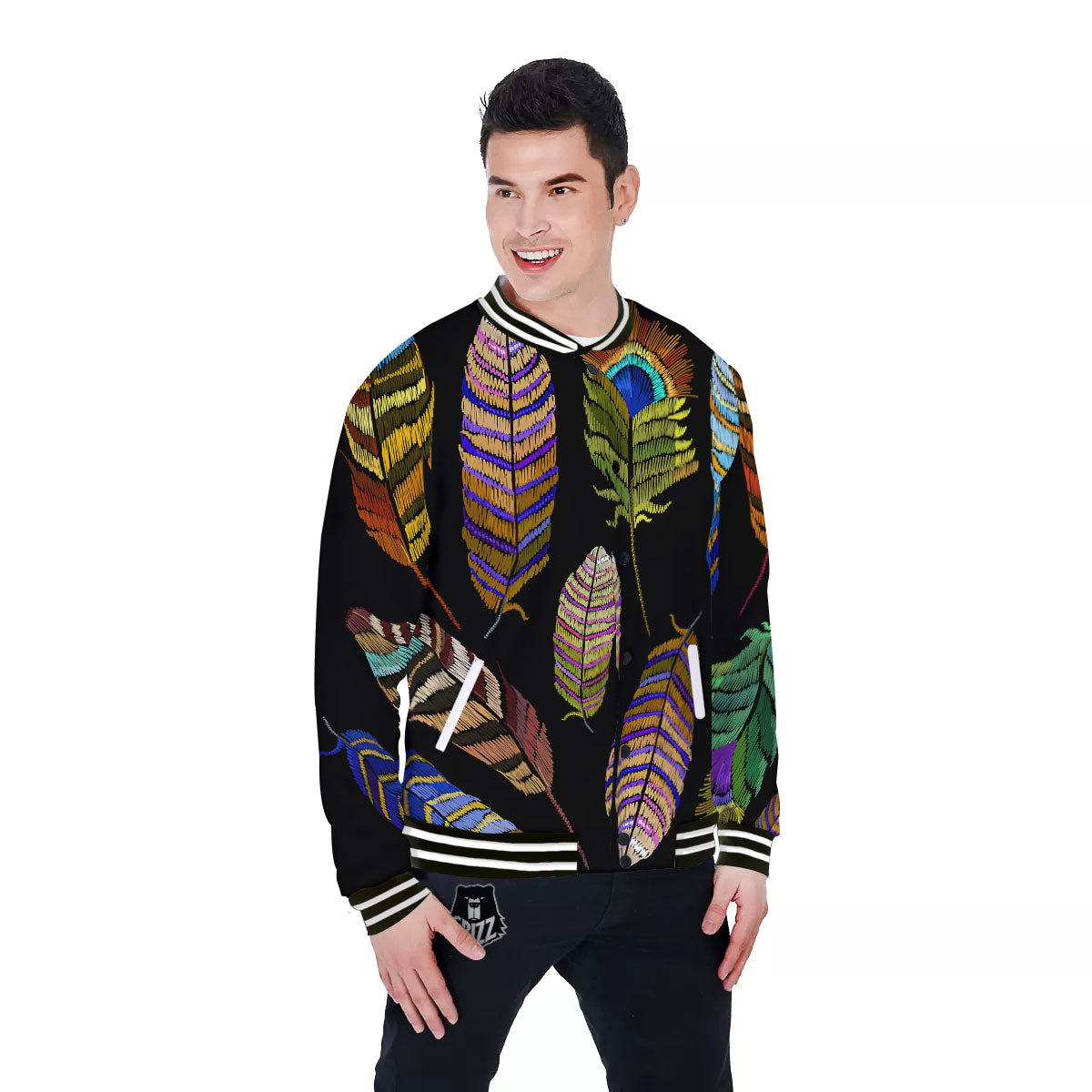 Feather Embroidery Peacock Print Baseball Jacket-grizzshop