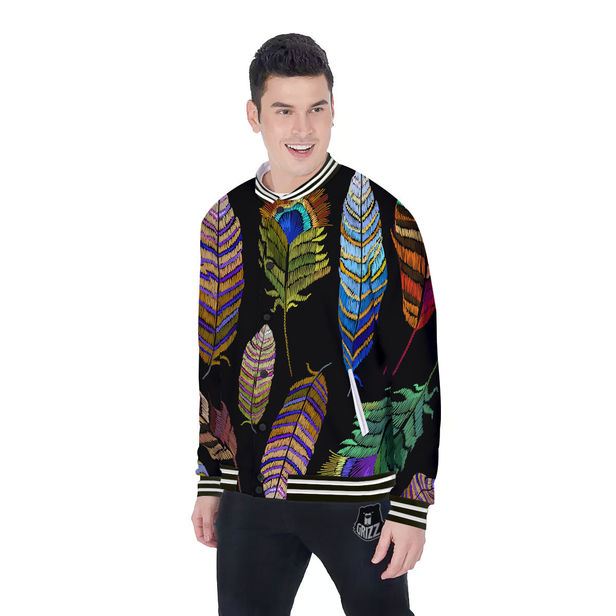 Feather Embroidery Peacock Print Baseball Jacket-grizzshop