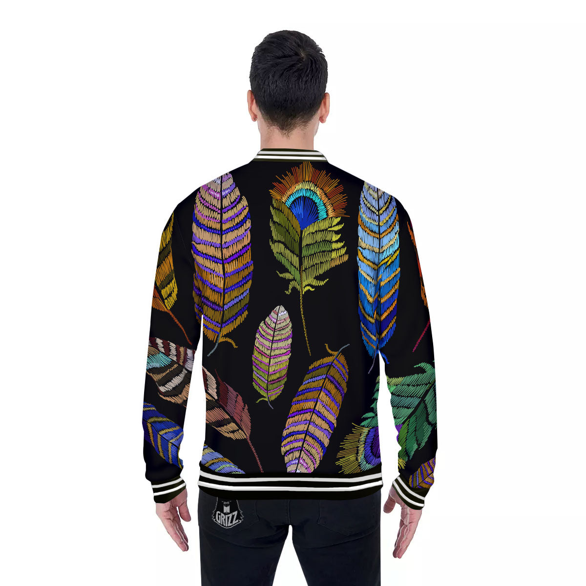 Feather Embroidery Peacock Print Baseball Jacket-grizzshop