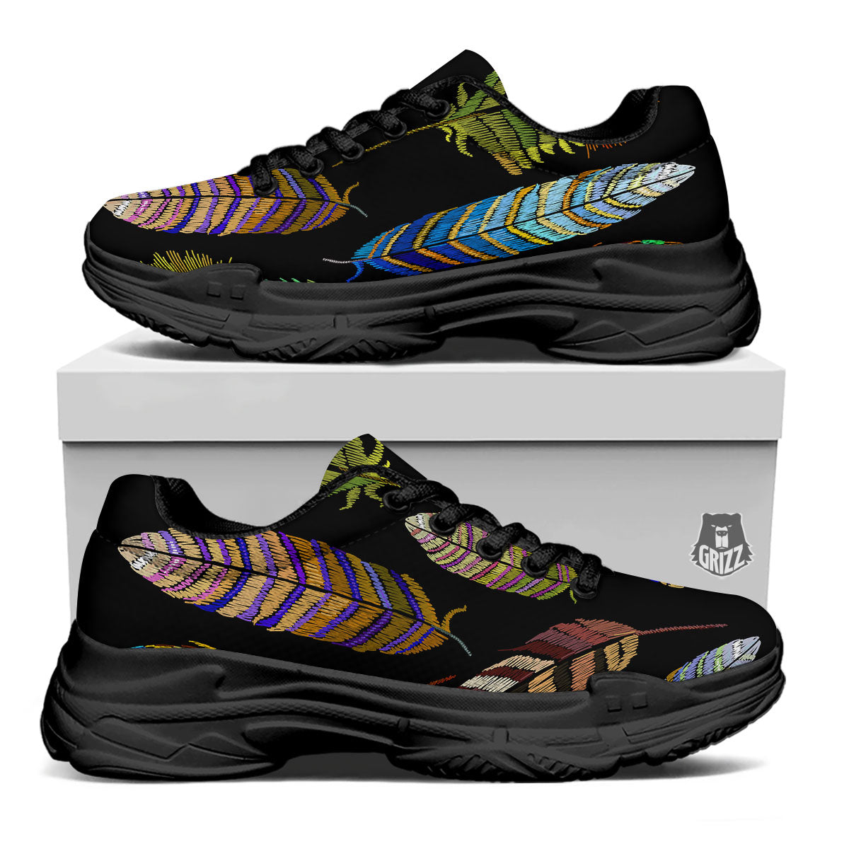 Feather Embroidery Peacock Print Black Chunky Shoes-grizzshop