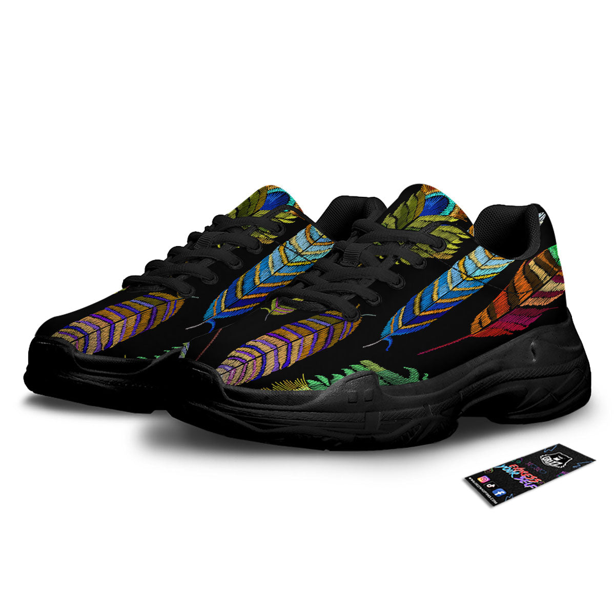 Feather Embroidery Peacock Print Black Chunky Shoes-grizzshop