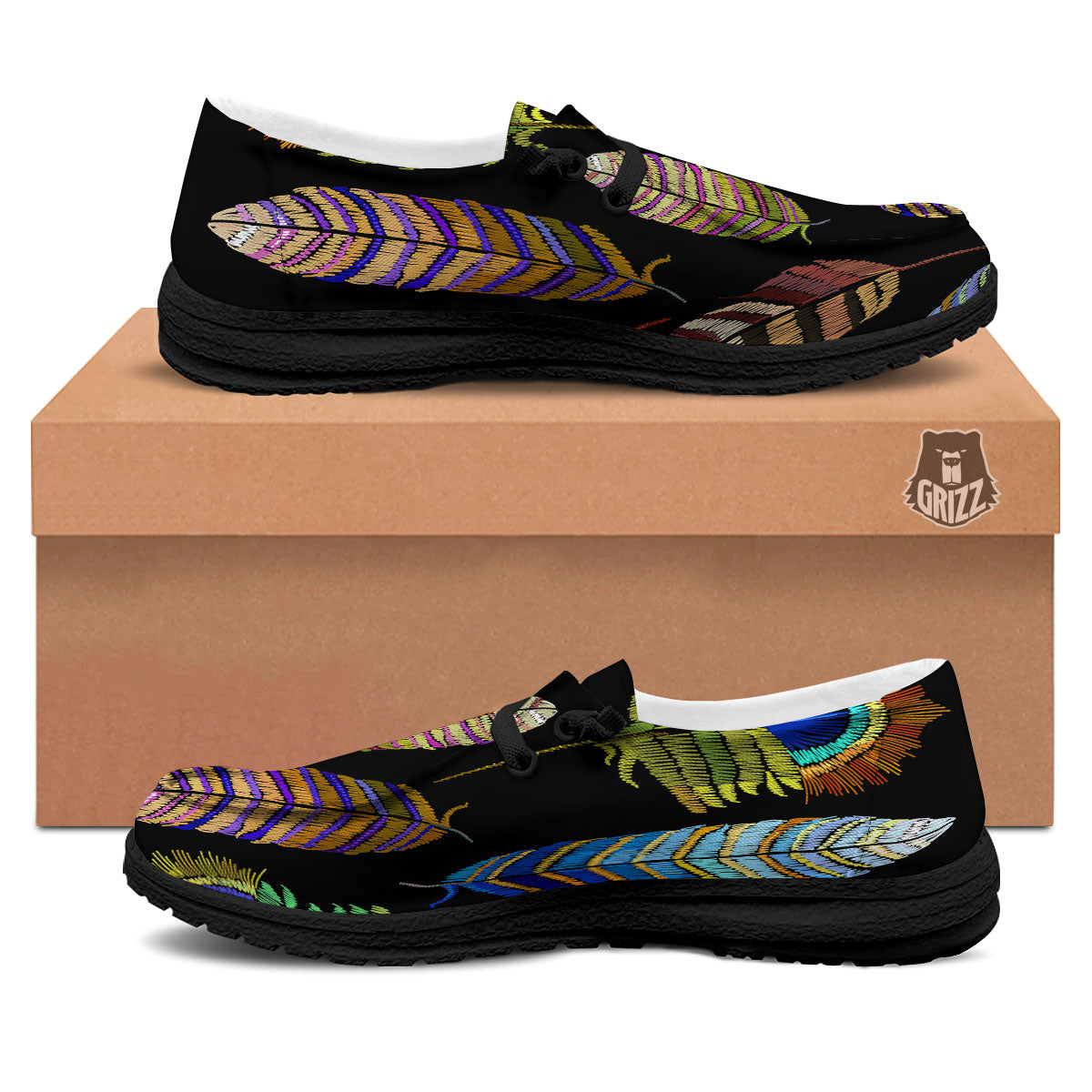 Feather Embroidery Peacock Print Black Loafers-grizzshop