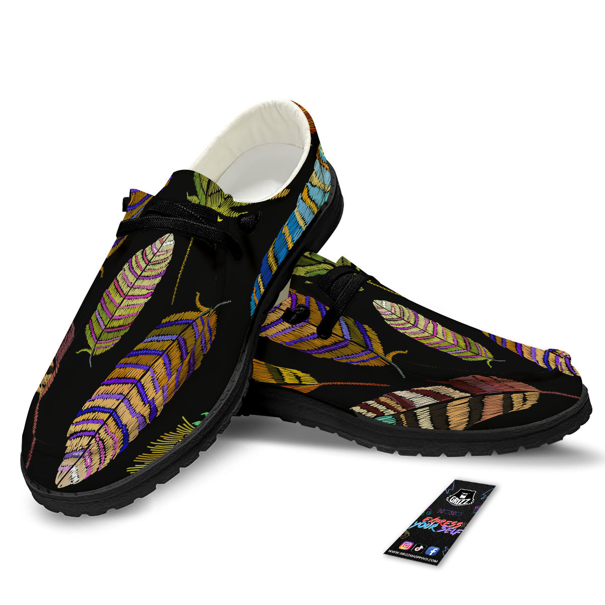 Feather Embroidery Peacock Print Black Loafers-grizzshop