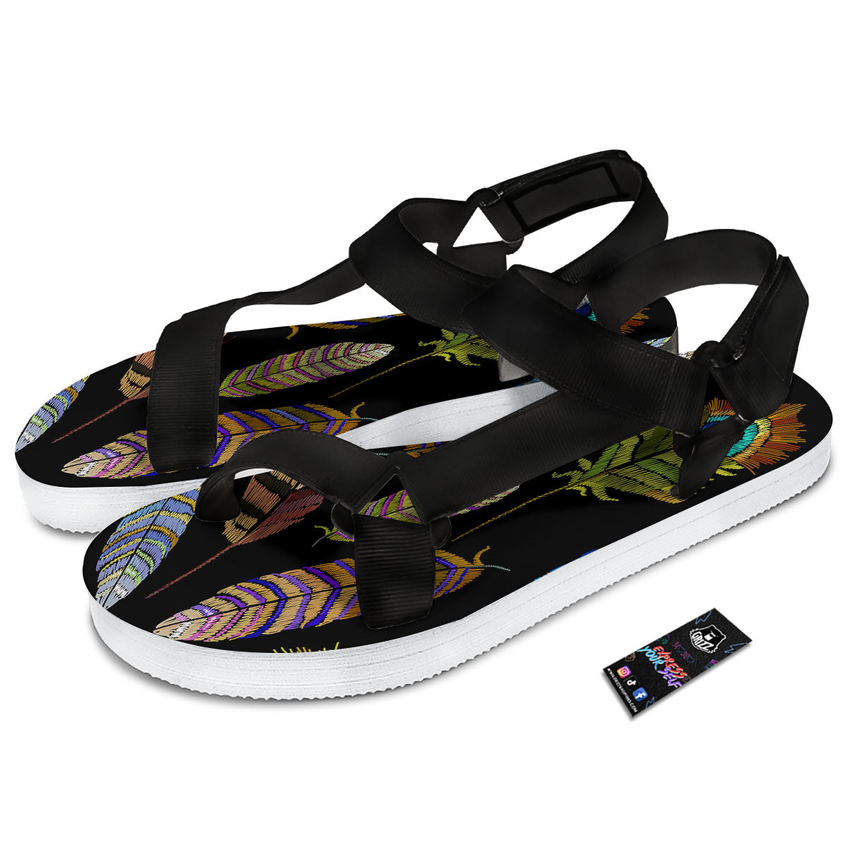 Feather Embroidery Peacock Print Black Open Toe Sandals-grizzshop