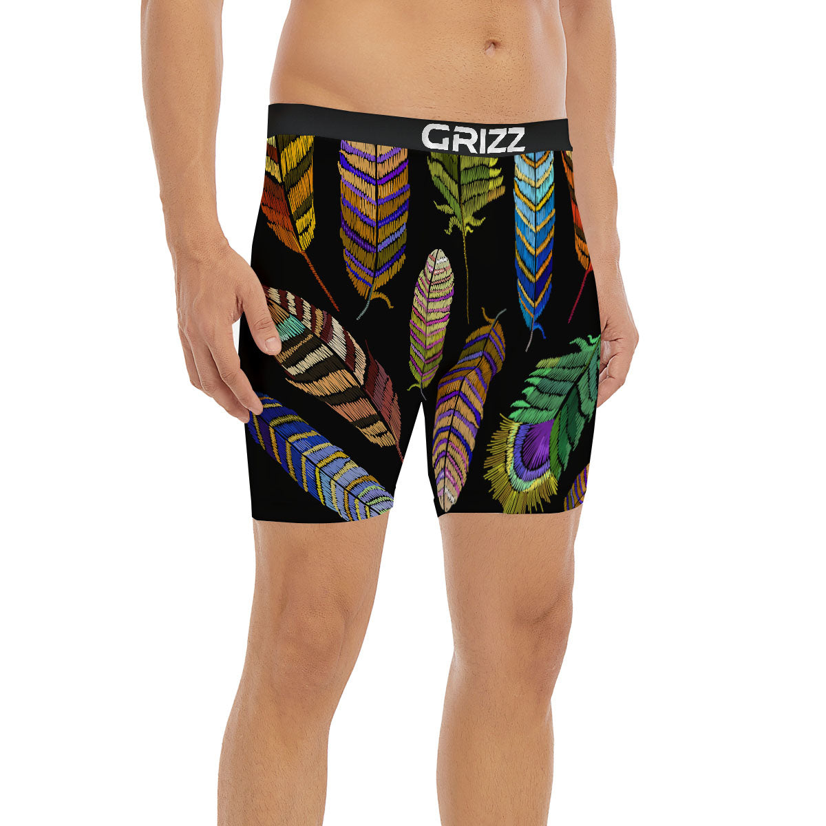Feather Embroidery Peacock Print Boxer Briefs-grizzshop