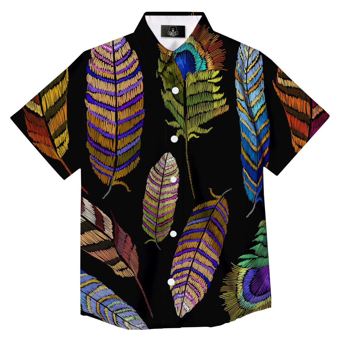 Feather Embroidery Peacock Print Button Up Shirt-grizzshop