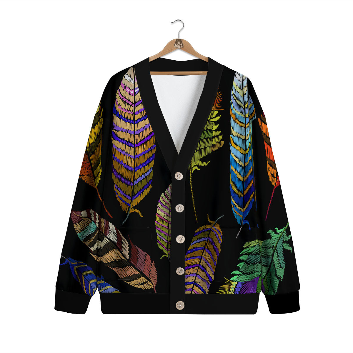 Feather Embroidery Peacock Print Cardigan-grizzshop