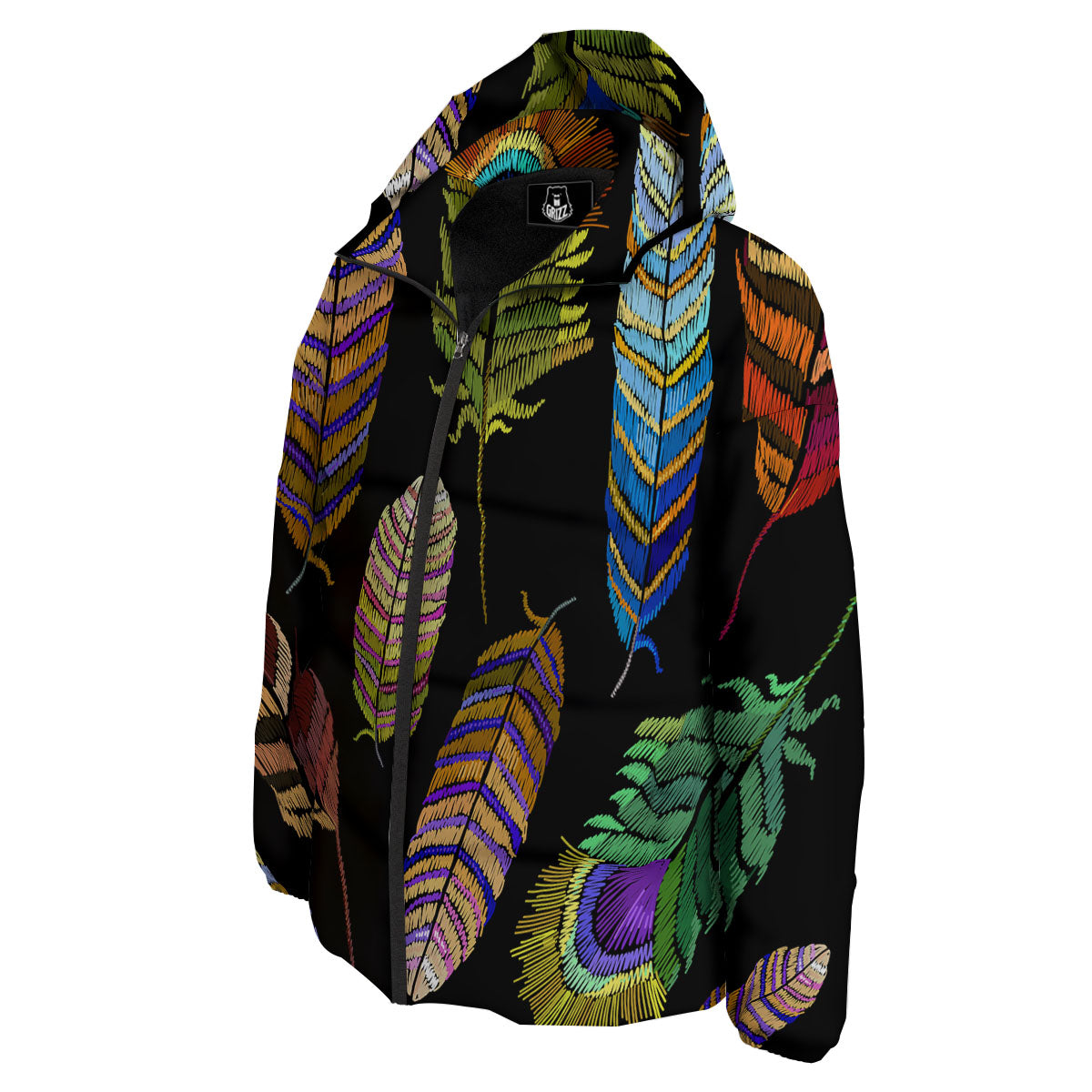 Feather Embroidery Peacock Print Down Jacket-grizzshop