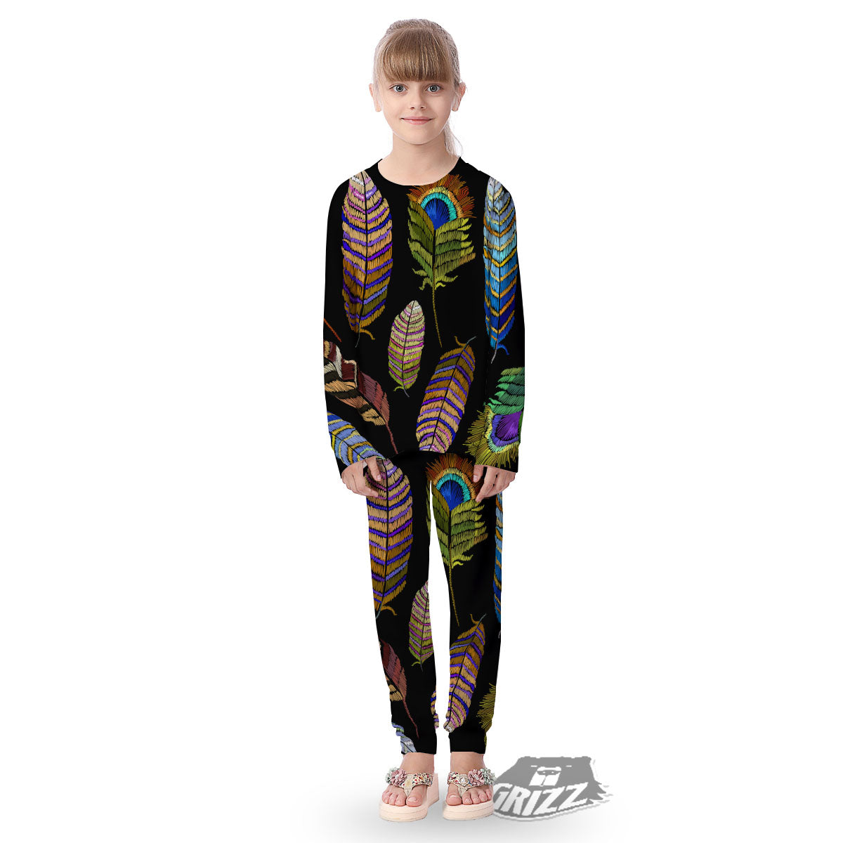 Feather Embroidery Peacock Print Kid's Pajamas-grizzshop