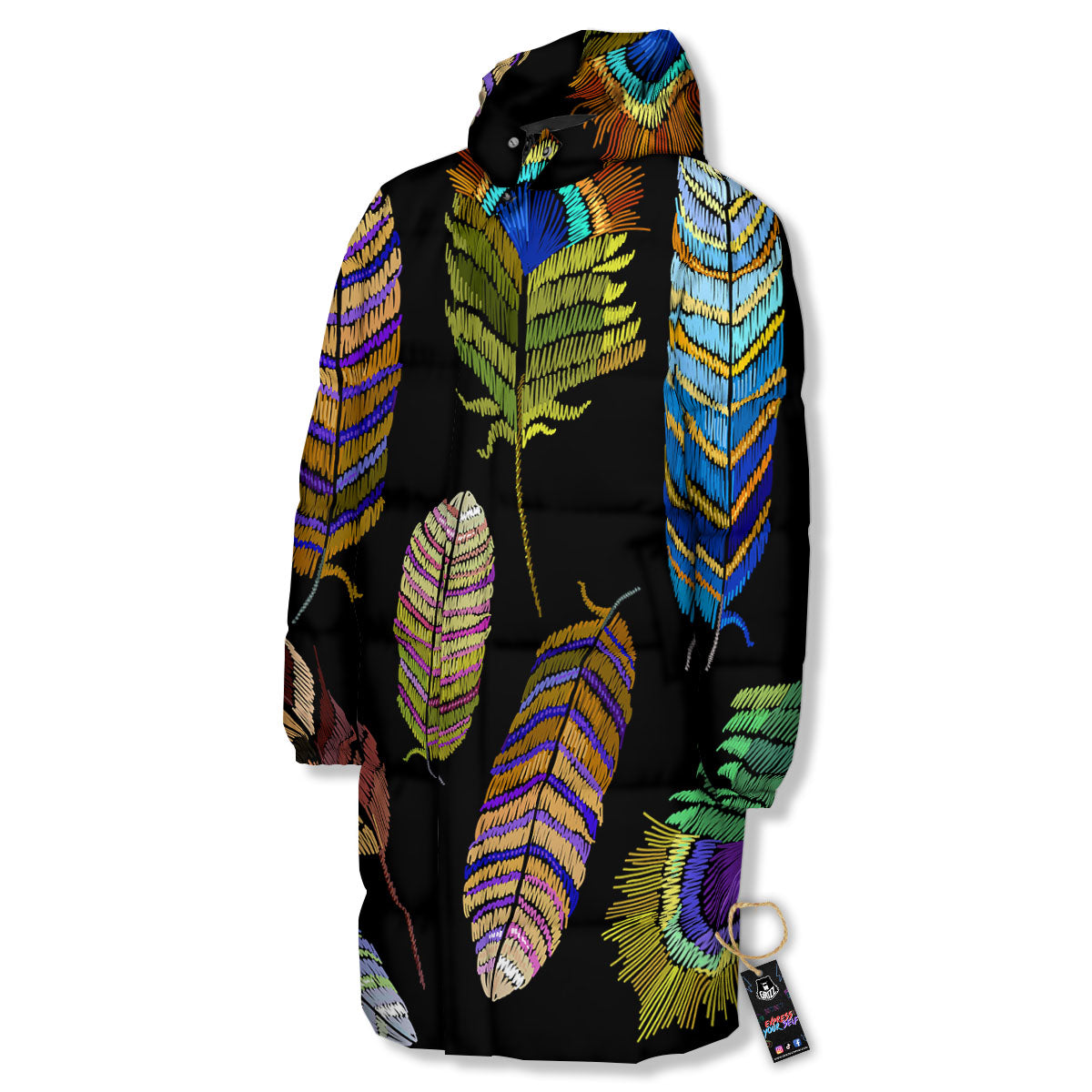 Feather Embroidery Peacock Print Long Down Jacket-grizzshop
