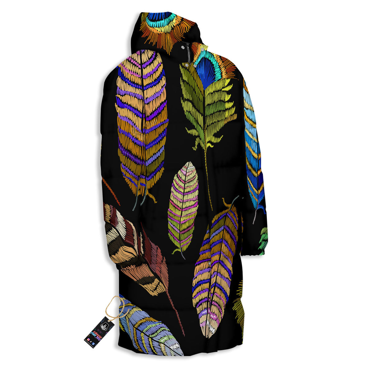 Feather Embroidery Peacock Print Long Down Jacket-grizzshop