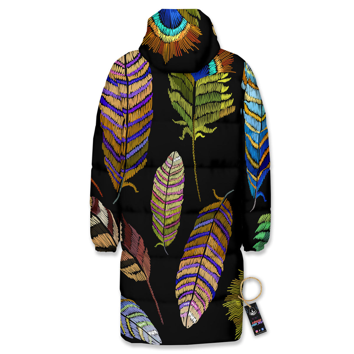 Feather Embroidery Peacock Print Long Down Jacket-grizzshop
