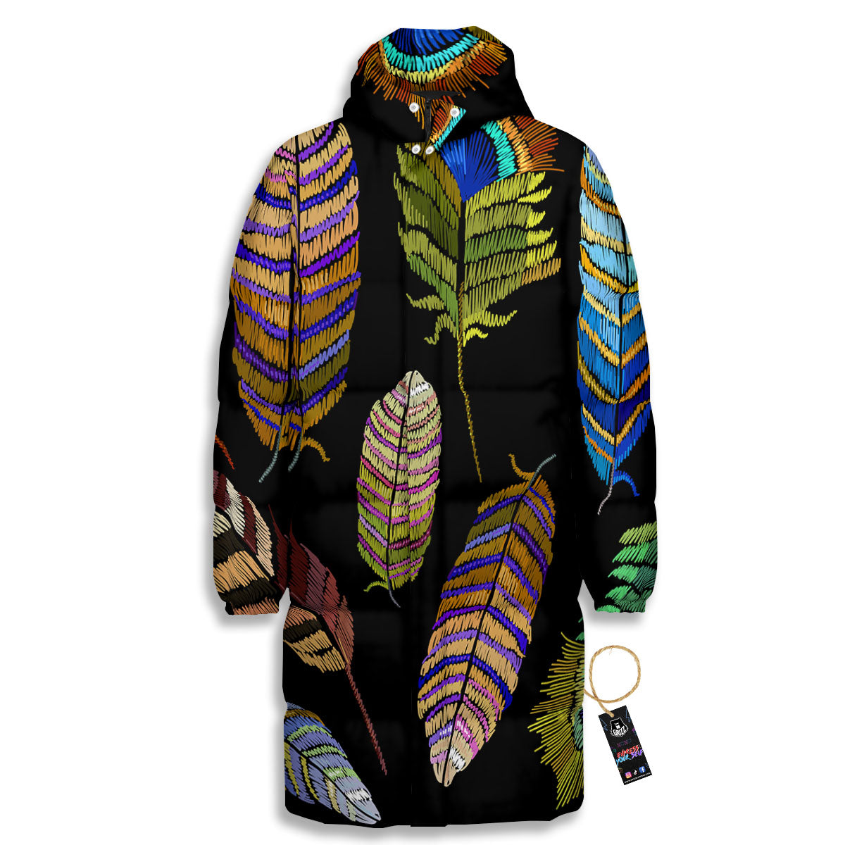 Feather Embroidery Peacock Print Long Down Jacket-grizzshop