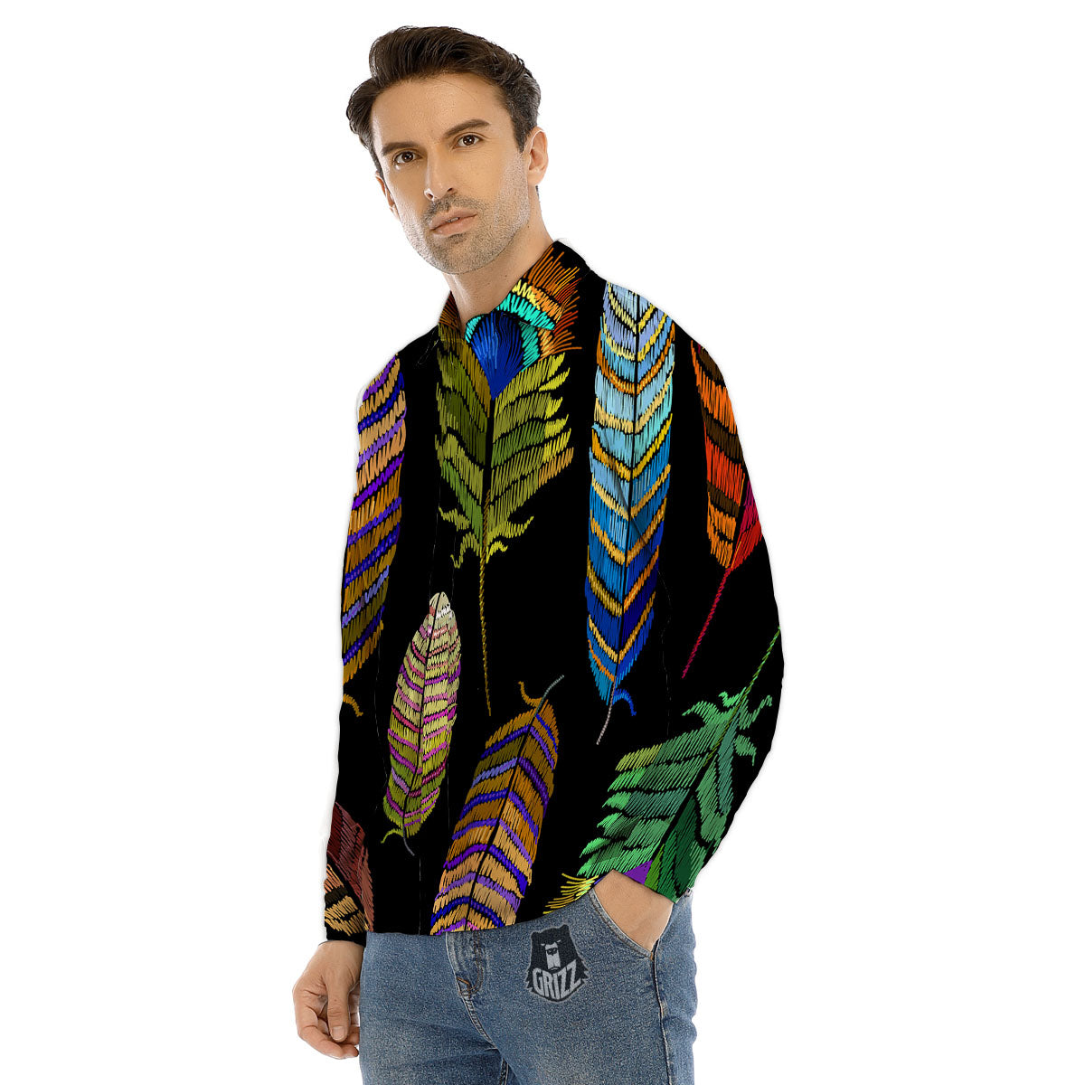 Feather Embroidery Peacock Print Men's Dress Shirts-grizzshop