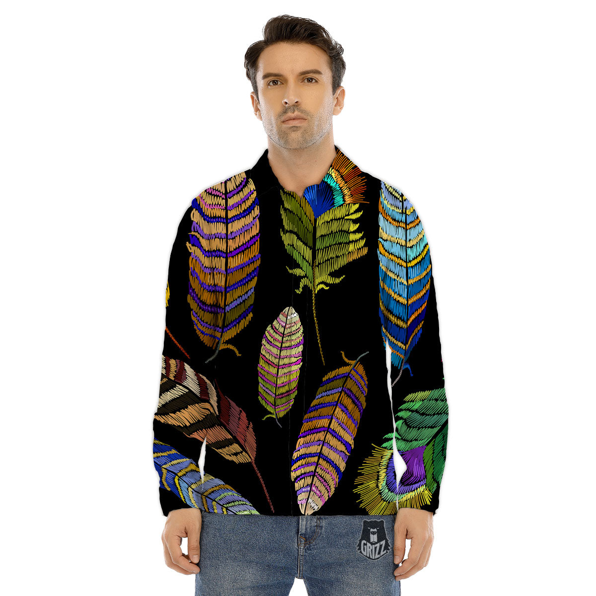 Feather Embroidery Peacock Print Men's Dress Shirts-grizzshop