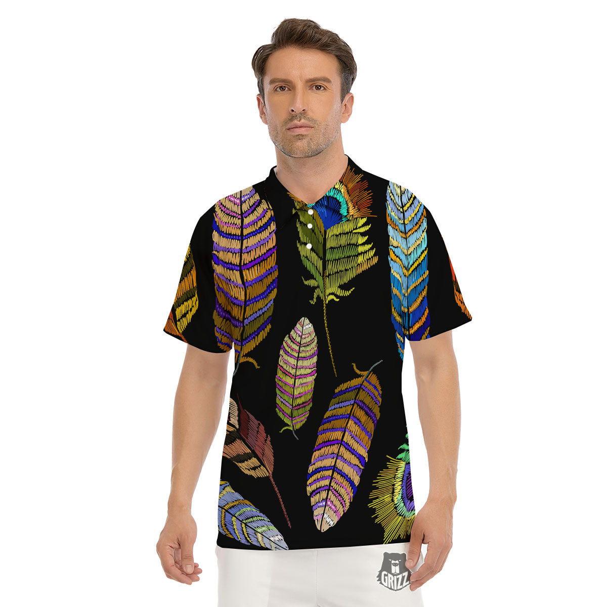 Feather Embroidery Peacock Print Men's Golf Shirts-grizzshop