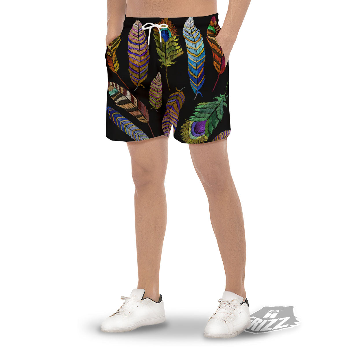 Feather Embroidery Peacock Print Men's Gym Shorts-grizzshop