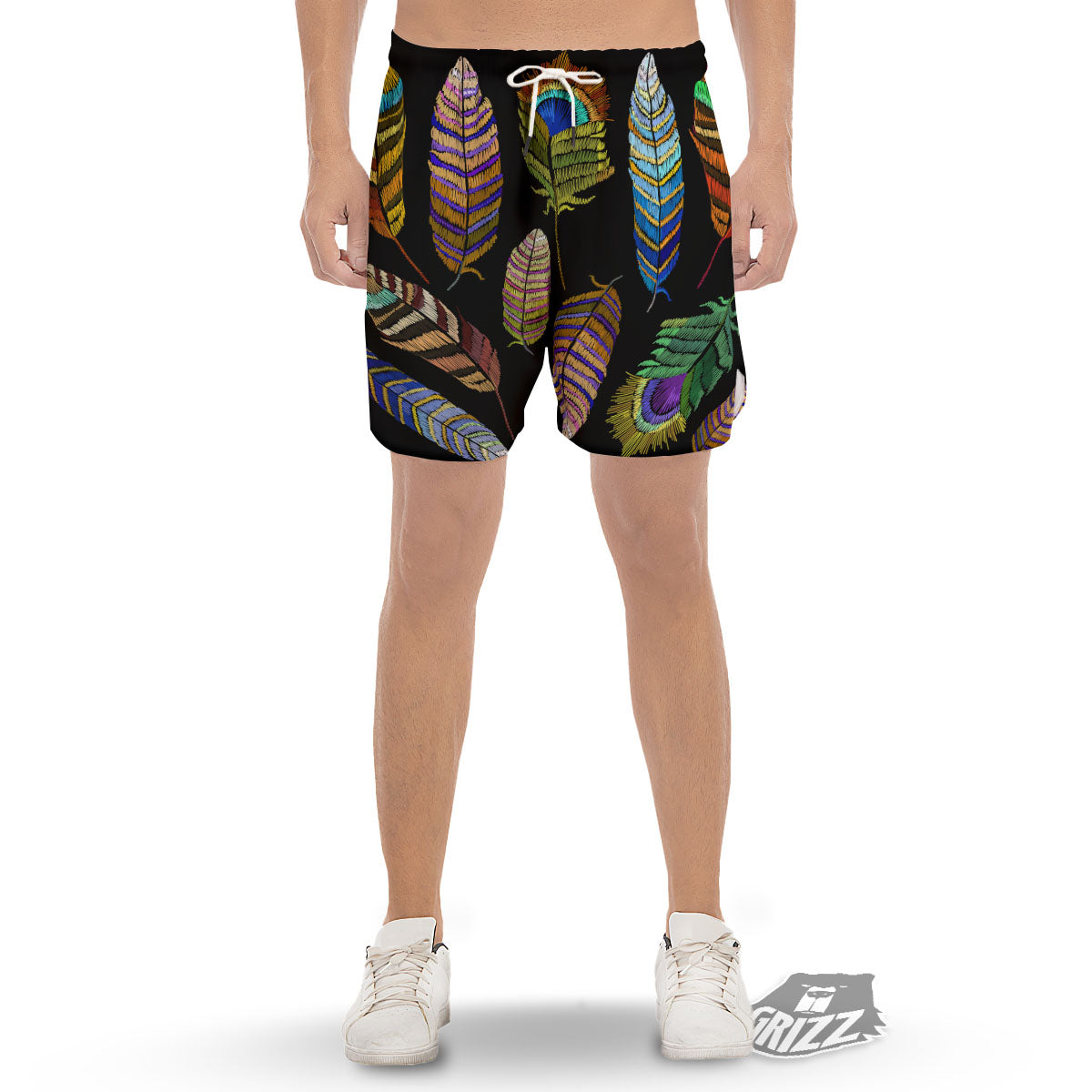 Feather Embroidery Peacock Print Men's Gym Shorts-grizzshop