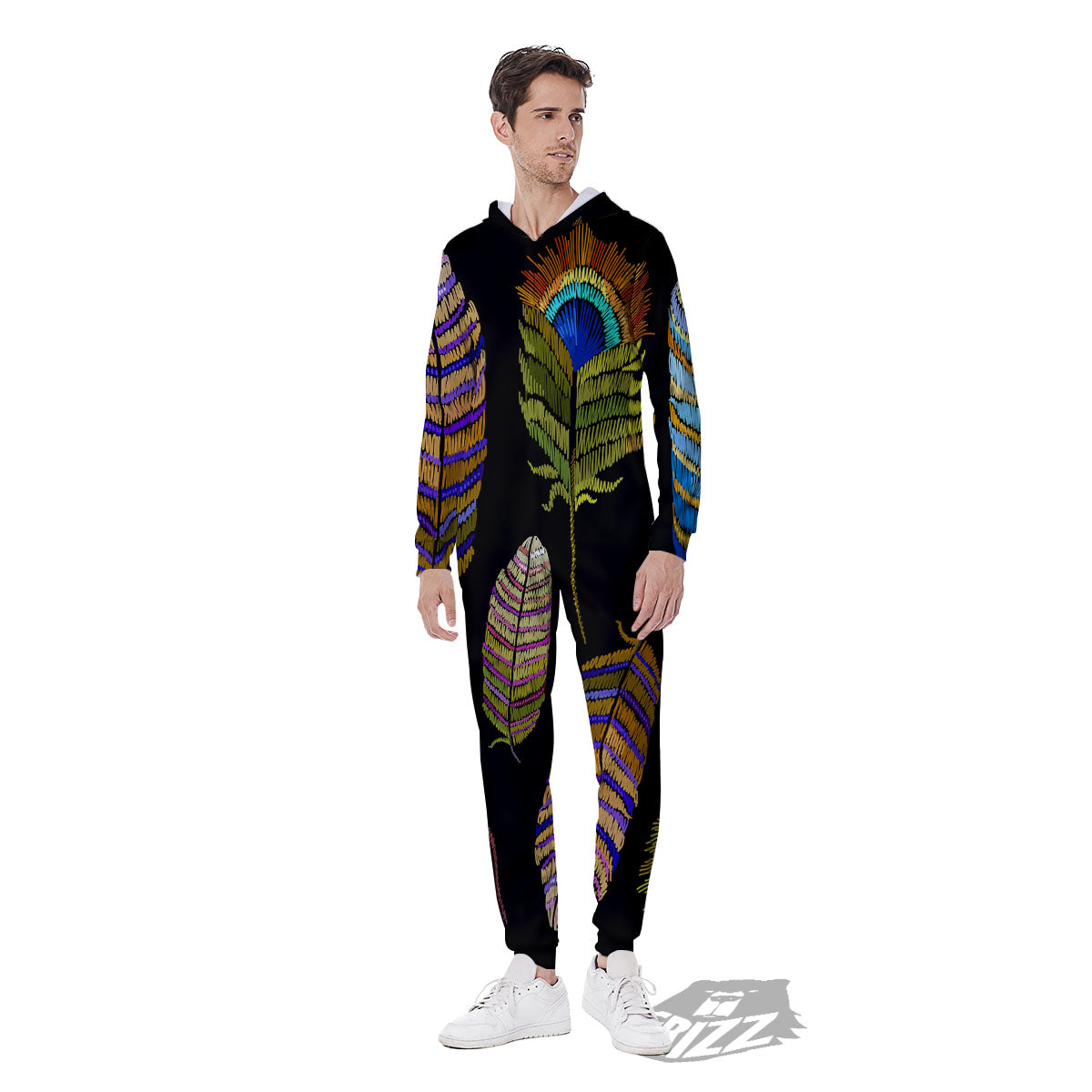 Feather Embroidery Peacock Print Men's Jumpsuit-grizzshop