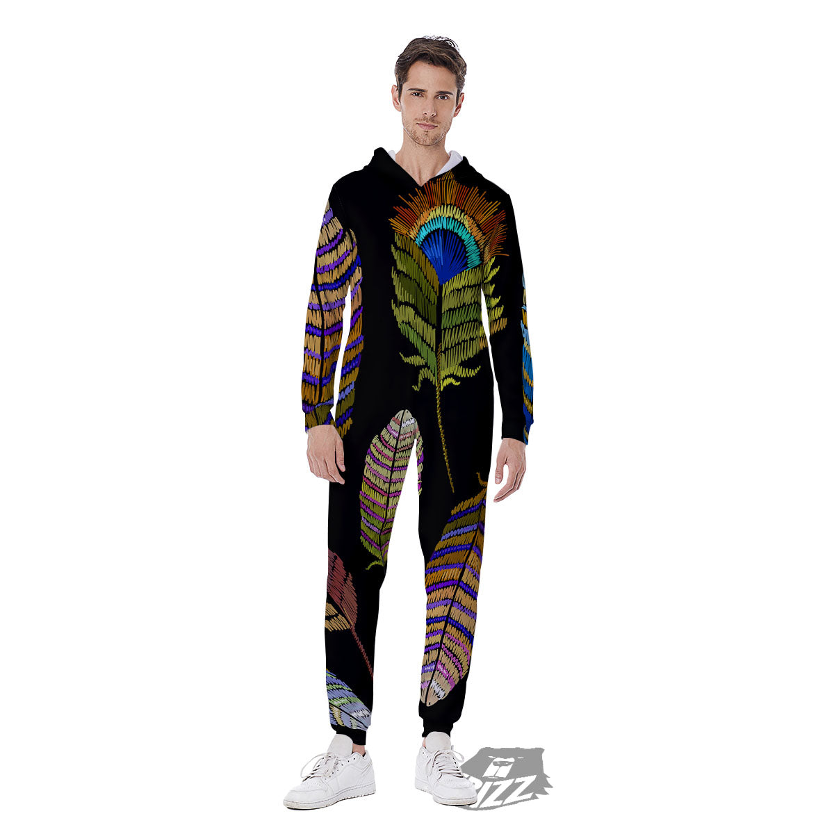 Feather Embroidery Peacock Print Men's Jumpsuit-grizzshop
