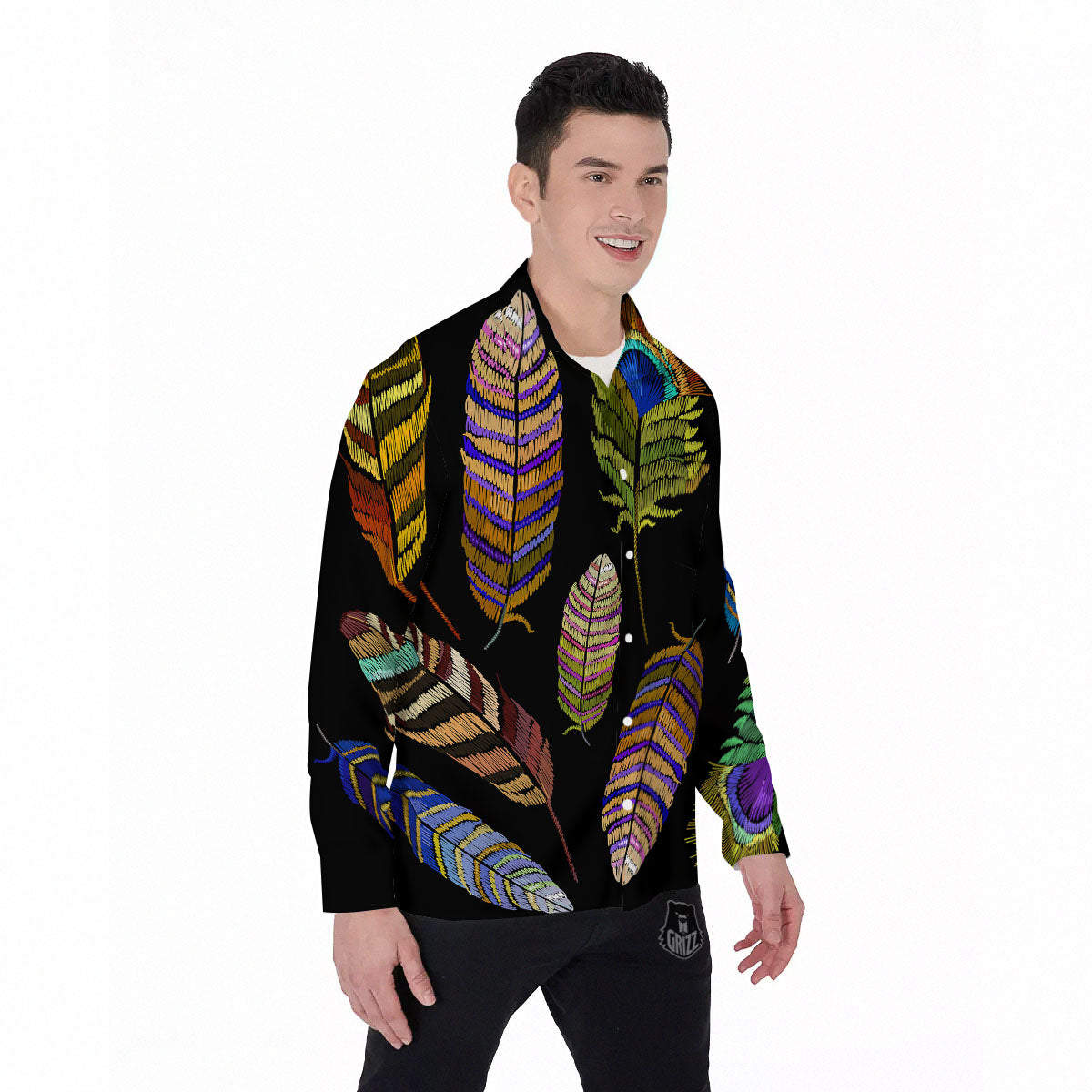 Feather Embroidery Peacock Print Men's Long Sleeve Shirts-grizzshop