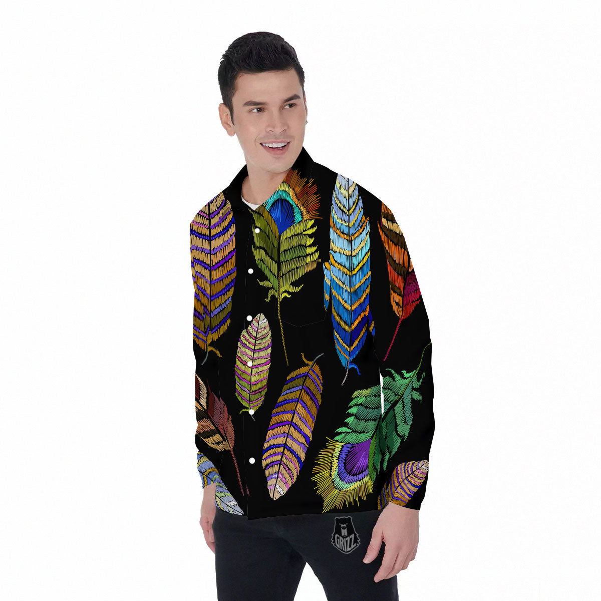 Feather Embroidery Peacock Print Men's Long Sleeve Shirts-grizzshop