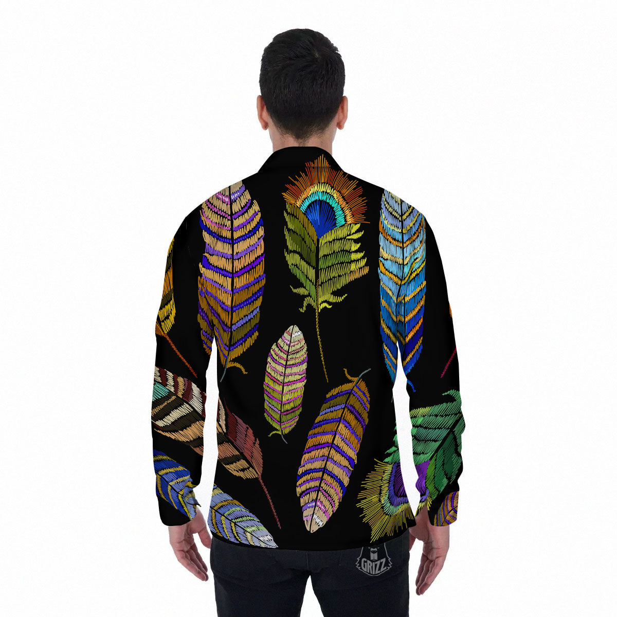 Feather Embroidery Peacock Print Men's Long Sleeve Shirts-grizzshop