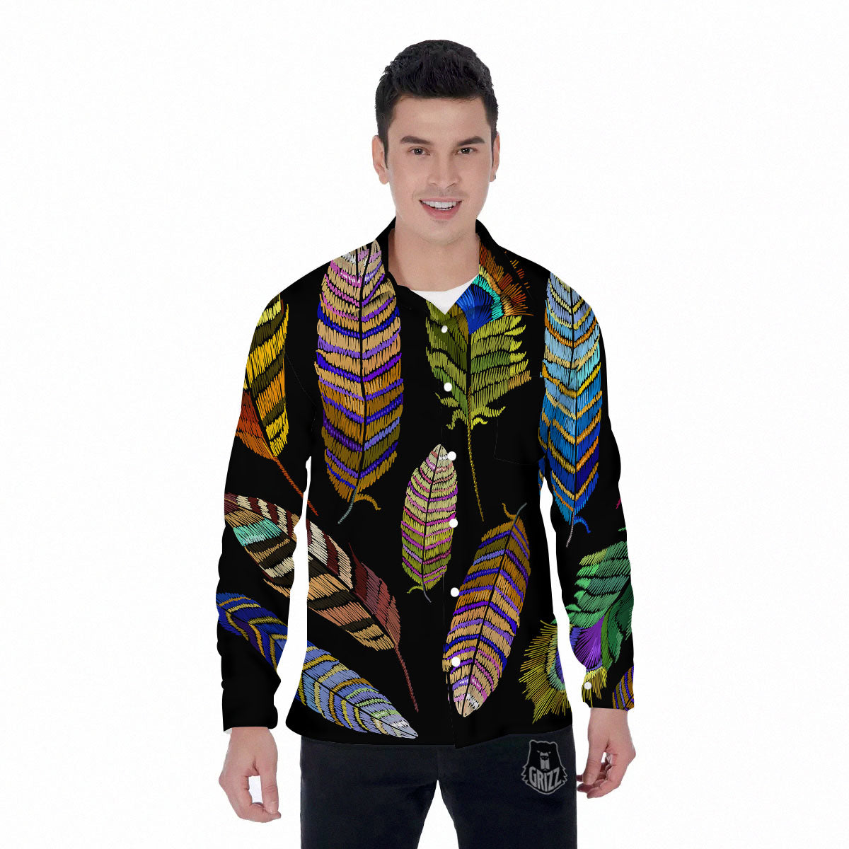 Feather Embroidery Peacock Print Men's Long Sleeve Shirts-grizzshop