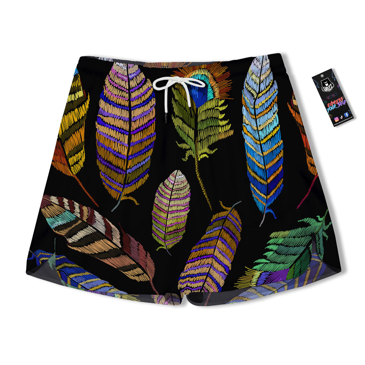 Feather Embroidery Peacock Print Men's Running Shorts-grizzshop