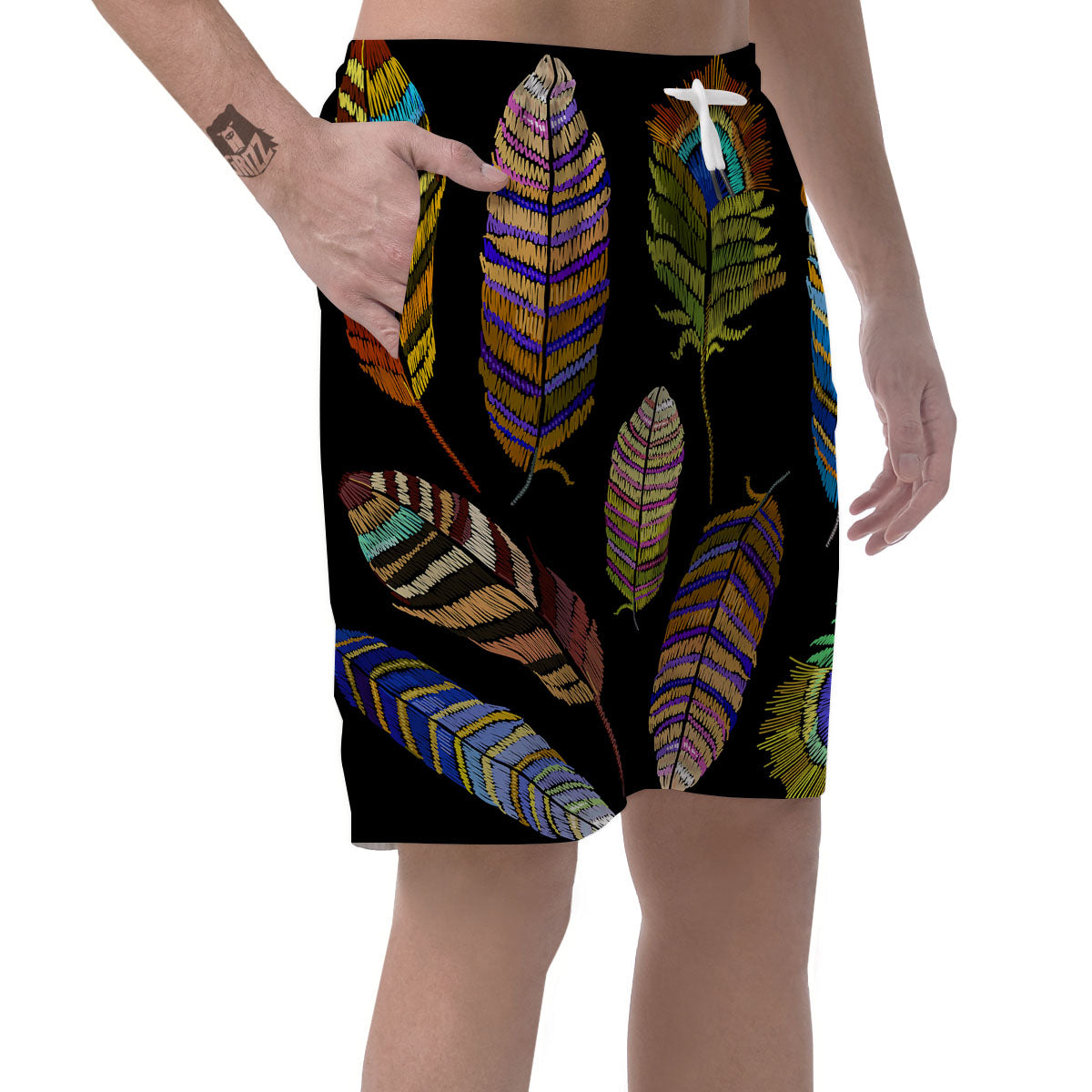 Feather Embroidery Peacock Print Men's Shorts-grizzshop