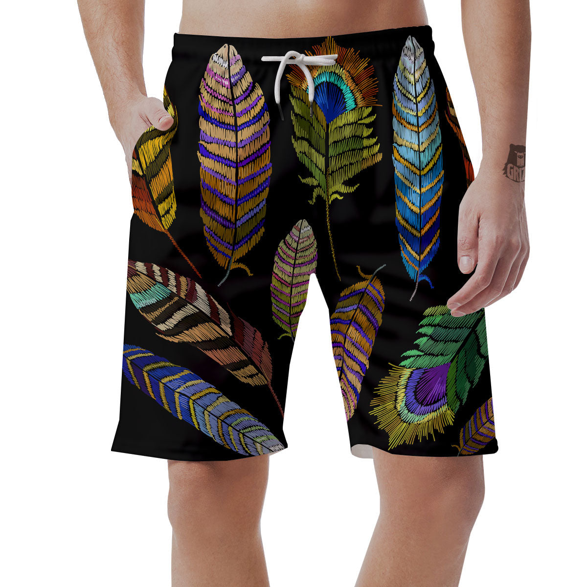 Feather Embroidery Peacock Print Men's Shorts-grizzshop