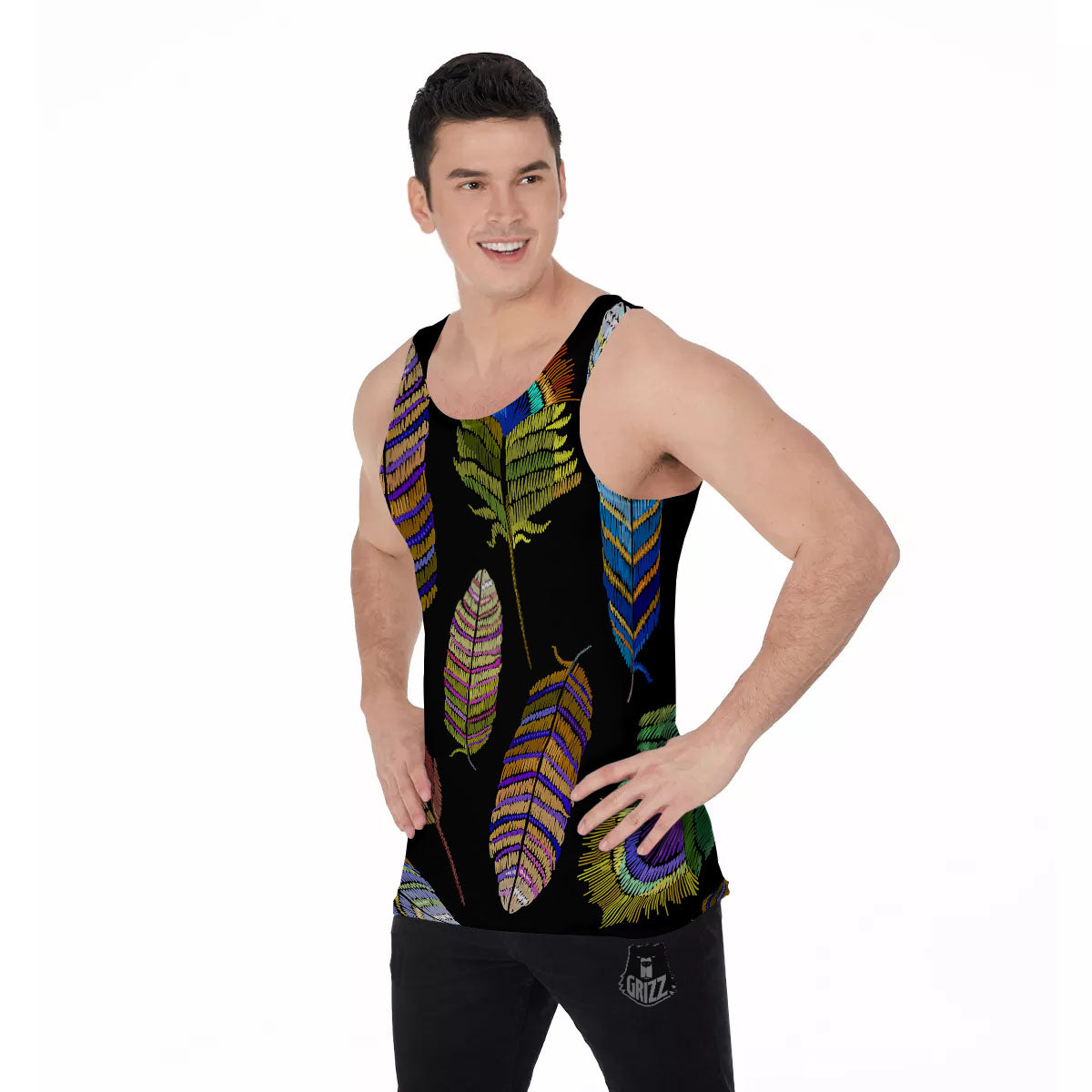 Feather Embroidery Peacock Print Men's Tank Top-grizzshop