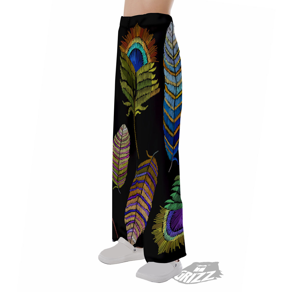 Feather Embroidery Peacock Print Pajama Pants-grizzshop