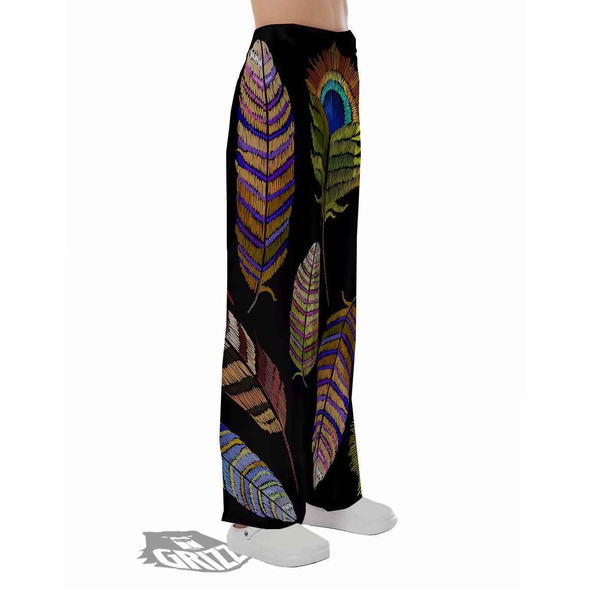 Feather Embroidery Peacock Print Pajama Pants-grizzshop