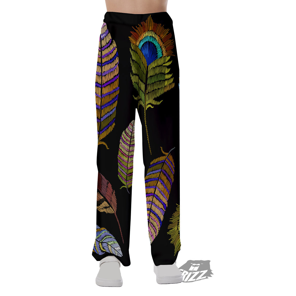 Feather Embroidery Peacock Print Pajama Pants-grizzshop