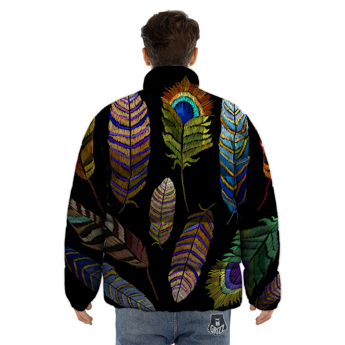 Feather Embroidery Peacock Print Puffer Jacket-grizzshop