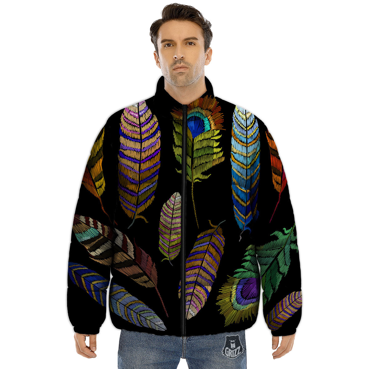 Feather Embroidery Peacock Print Puffer Jacket-grizzshop