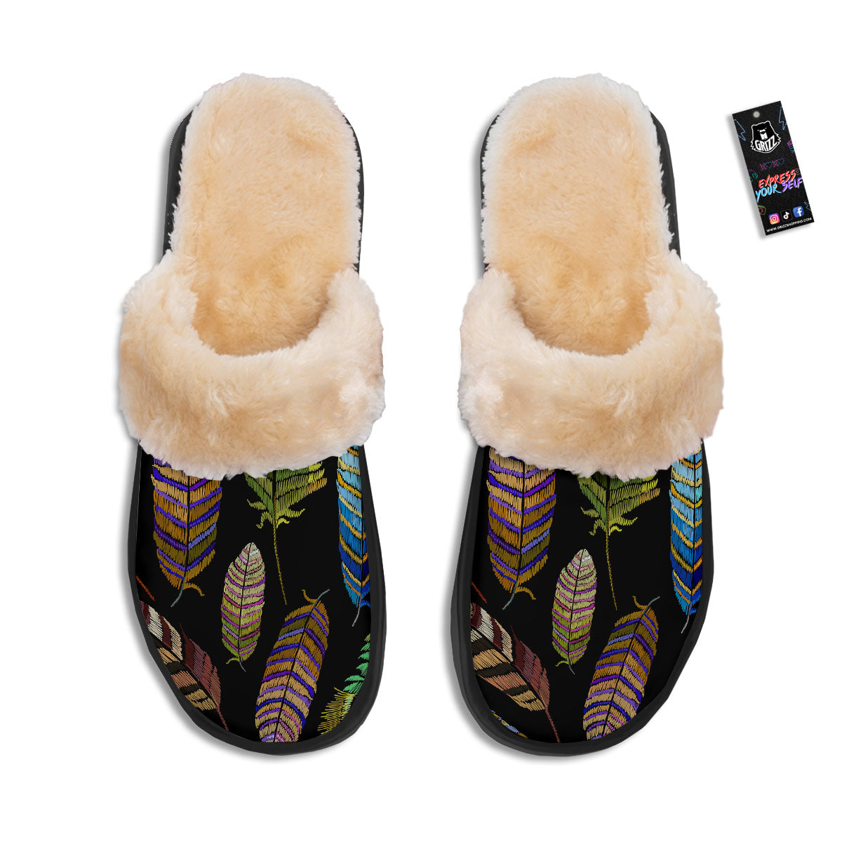 Feather Embroidery Peacock Print Slippers-grizzshop